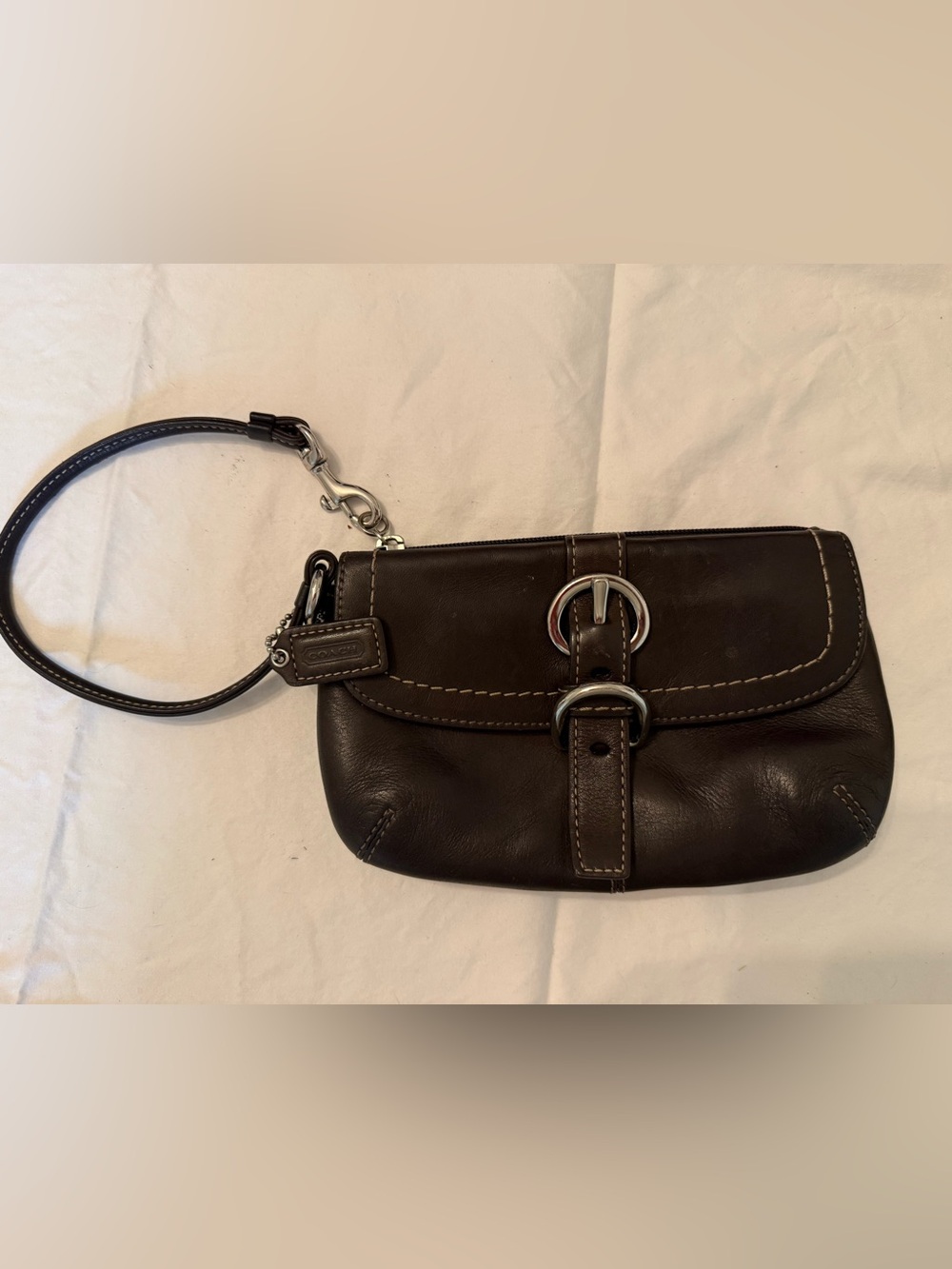 Coach Dark Brown Leather Wristlet Clutch with Buckle Accent